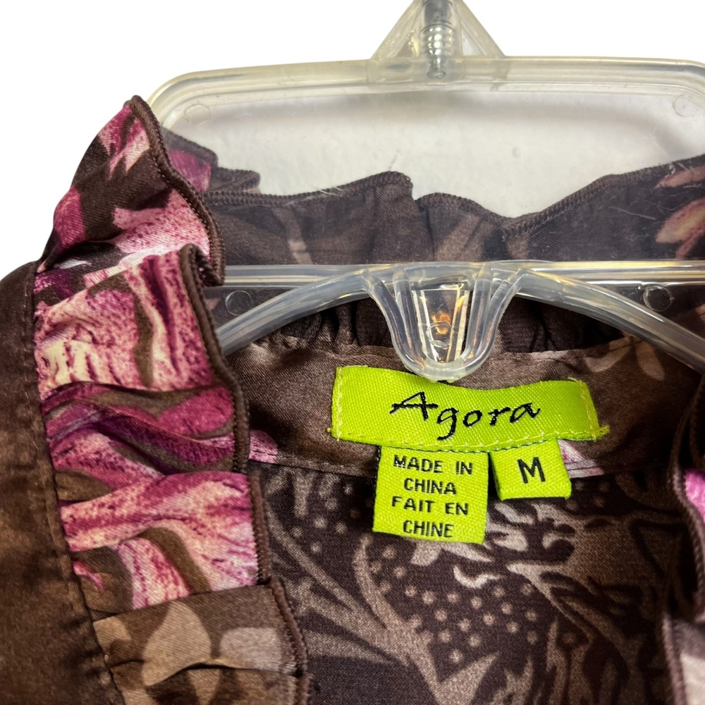Agora Brown Floral Ruffle Collar Long Sleeve Blouse Size M Regency Cottagecore - Picture 5 of 9